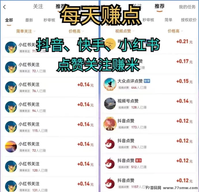 最新每日轻松赚零花，关注浏览点赞即可领取荭包奖励！-副业网