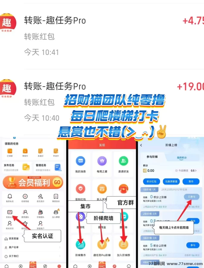 趣任务首码体验,一部手机,悬赏+爬楼日赚几十!