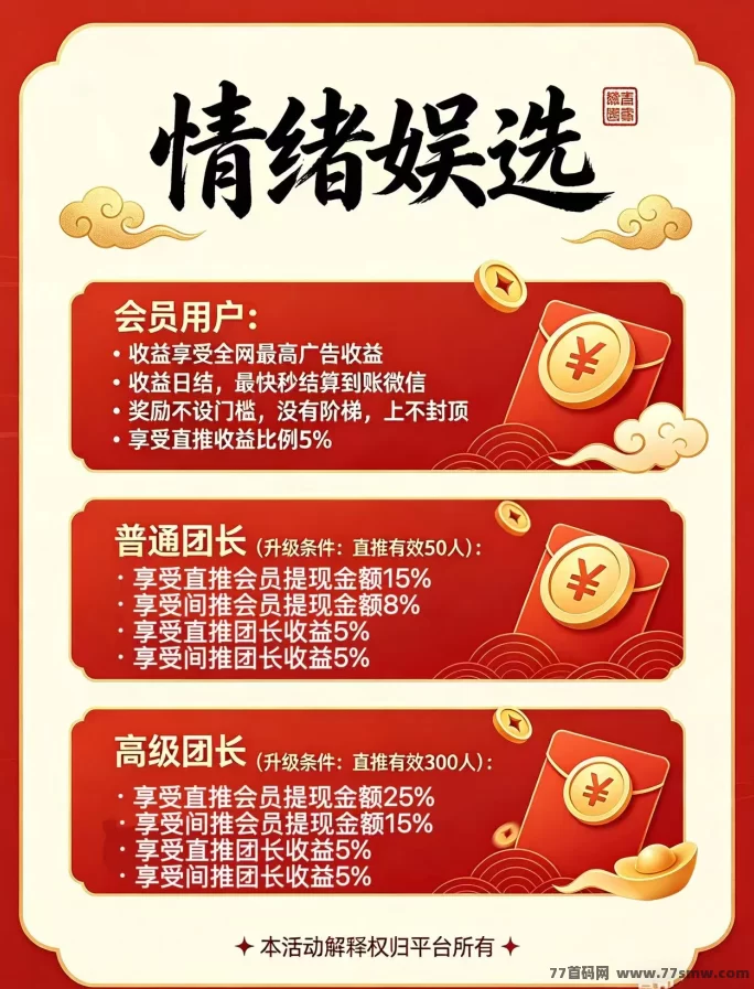 情绪娱选新品上线！零撸广告，保底收溢高，团队长期高收溢！